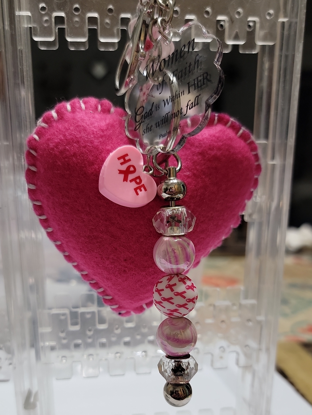 Pink Heart Ribbon Keychain - Soft Felt Womens Accessory - Picture 3 of 5